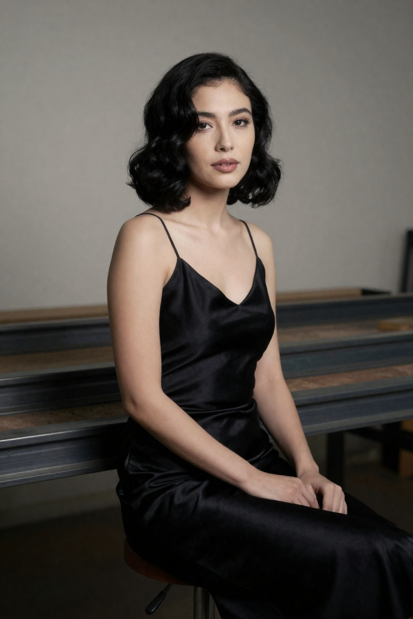 A fictional adult woman in her late twenties with soft black waves and a calm self-assured